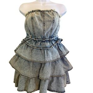 Forever 21 Light Blue Acid-Wash Strapless Ruffle Mini Dress